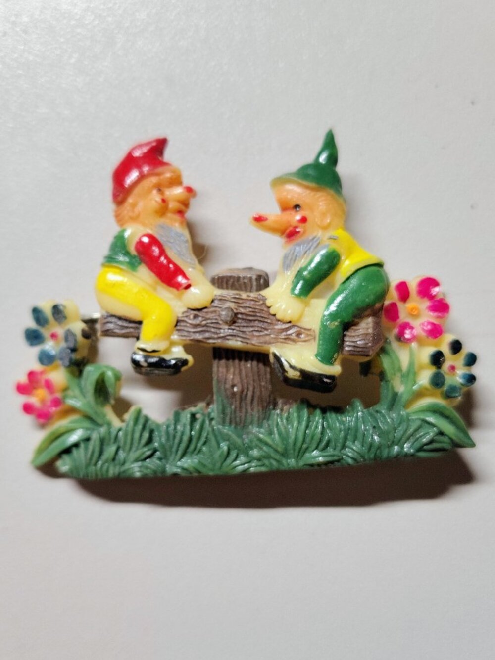Vintage Japan Celluloid Novelty Brooch – Gnome Figures – Mid‑Century Kitsch